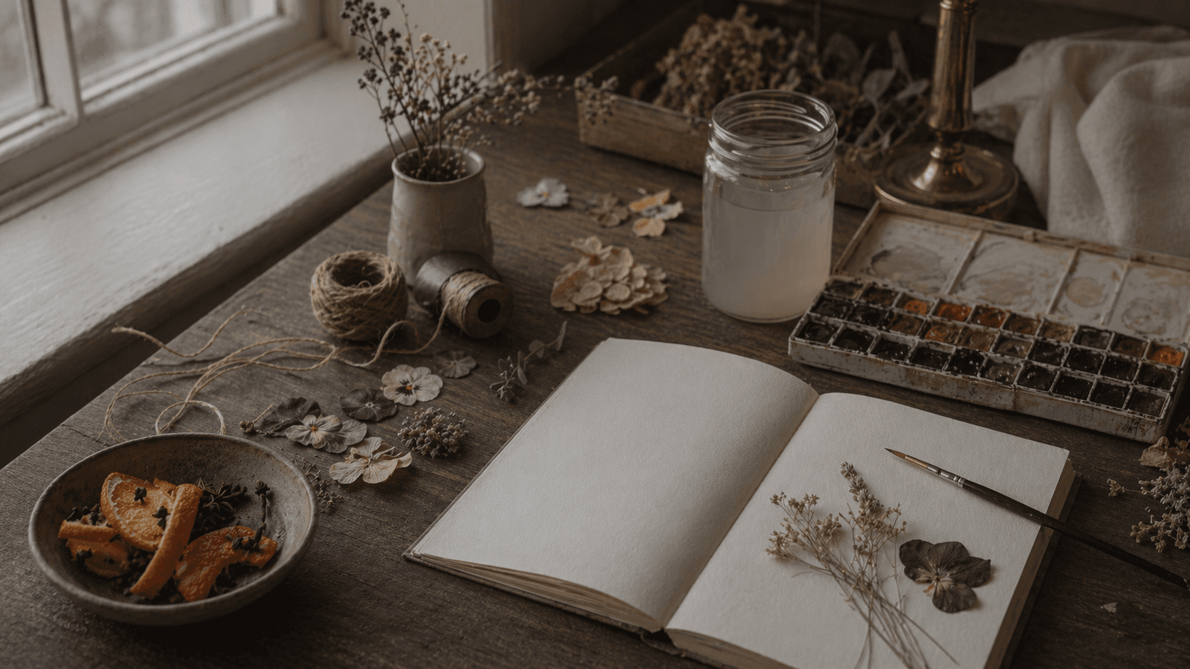 A quiet craft table with watercolor, pressed flowers, paper, and twine.