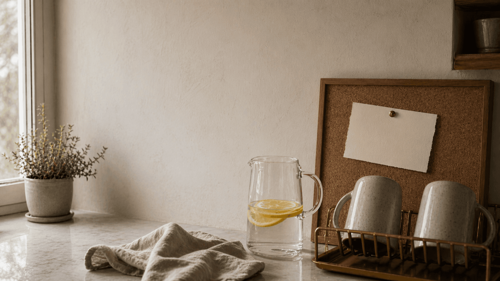 A Home Vibe daily tip scene with lemon water, mugs, and a blank note card.