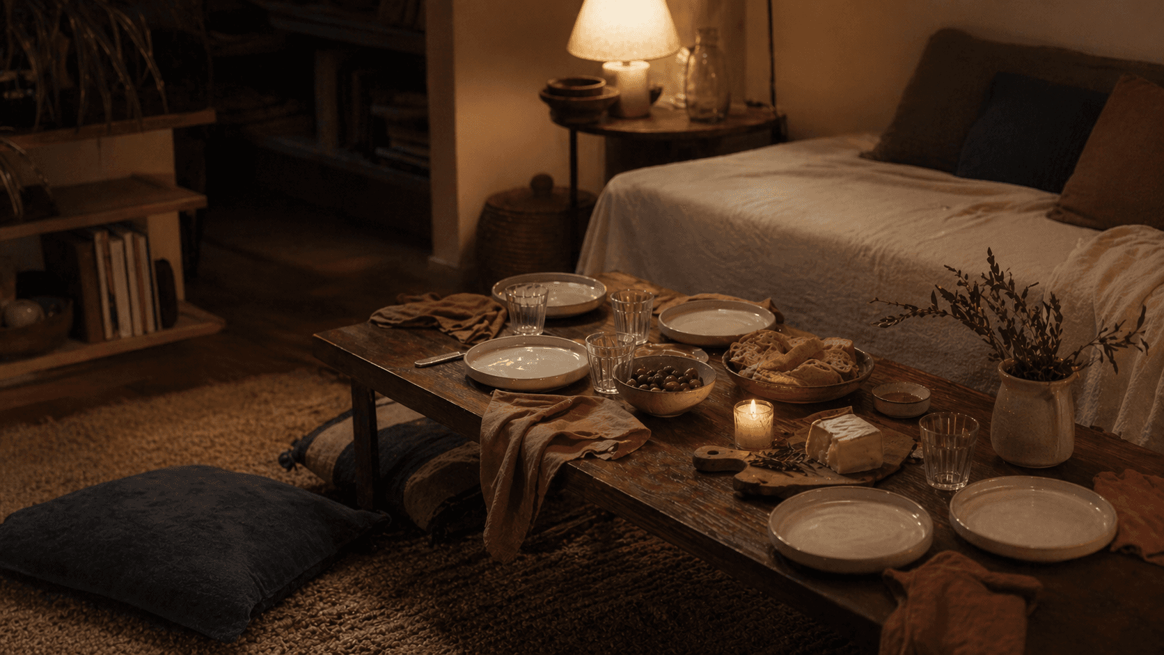 A small apartment table set for a warm, low-stress dinner.