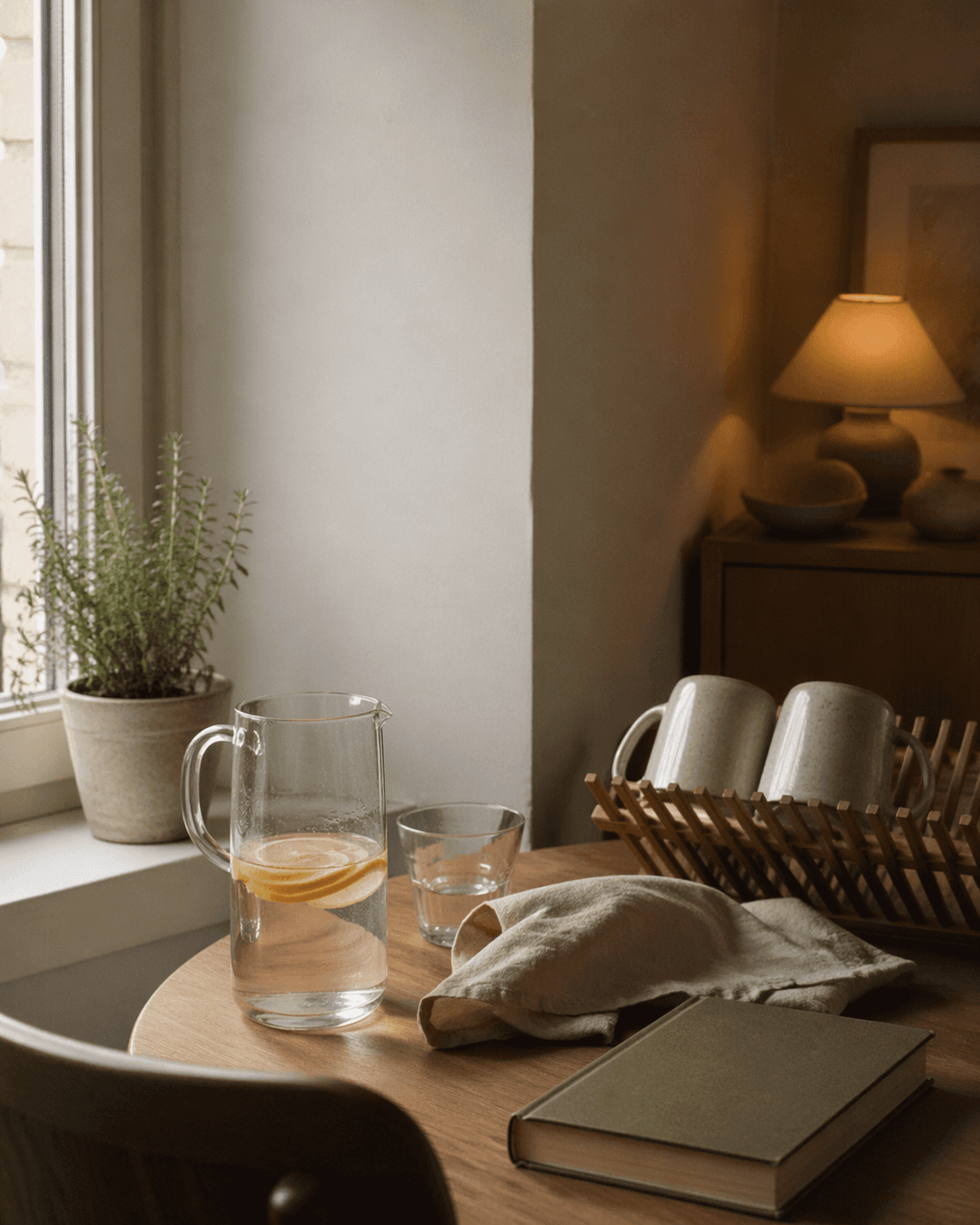 A calm Home Vibe kitchen corner with lemon water, herbs, mugs, and soft lamp light.